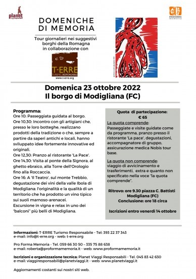 Modigliana ha delle botteghe particolari che fanno del'innovazione una ragione di vita: qui puoi trovare dei prodotti che difficilmente puoi trovare da altre parti.  Visiteremo ad esempio "Modigliantica" che fa il Mandorlato al cioccolato di Modigliana e che ha una storia interessantissima di una ricetta tramandata da un vecchio bar del paese.  "Abbraccio Verde" che dalla raccolta delle erbe spontanee ne ricava dei sughi e delle salse inedite.  Il Ristorante Pizzeria "La Pace" ci farà assaggiare una vecchissima ricetta di un primo piatto di Modigliana che solo i modiglianesi conoscono!  Infine nell'azienda vitivinicola "Il Teatro" offriremo ai turisti una degna conclusione della giornata con i vini ricercatissimi di Modigliana e dei panorami e paesaggi stupendi.  E ricordatevi che di Modigliana non vi abbiamo ancora svelato tutto! Innumerevoli sono le iniziative che ha da offrire questo territorio!