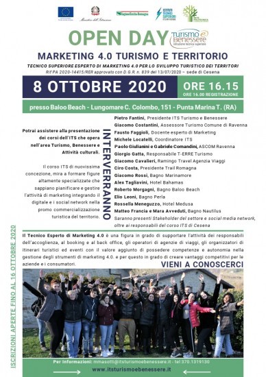 Saremo presenti tra i relatori della tavola rotonda, giovedì 8 ottobre 2020, alle ore 16:15 presso Baloo Beach, #PuntaMarinaTerme (Ra), per l’OPEN DAY per presentare il Corso “MARKETING 4.0 TURISMO E TERRITORIO” organizzato dall’ITS “Tecnico Superiore Esperto di Marketing 4.0 per lo Sviluppo Turistico dei Territori”.